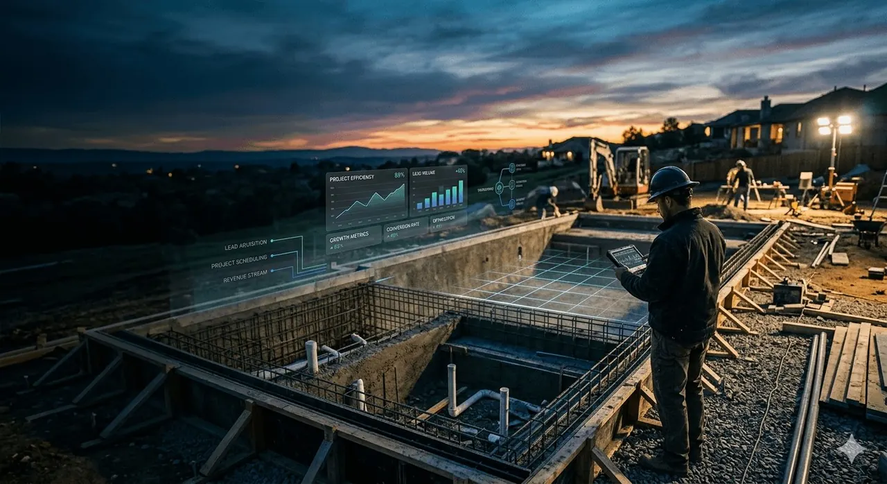 Pool builder job site with AdTech dashboard overlay